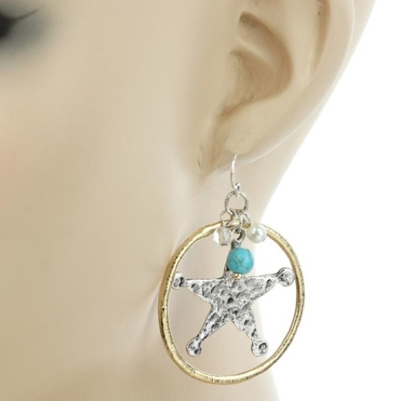 ❌SOLD❌ TWO Earrings Star & Turquoise beads Silver Copper tone twist wire NWT - Picture 4 of 7